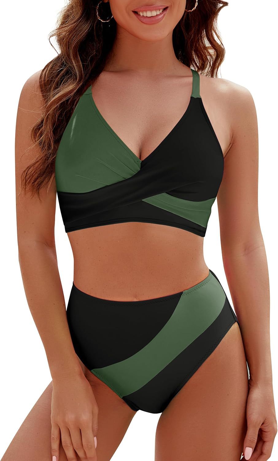 Wholesale Contrast Color 2-Piece Strappy Cross Bra Swimsuit